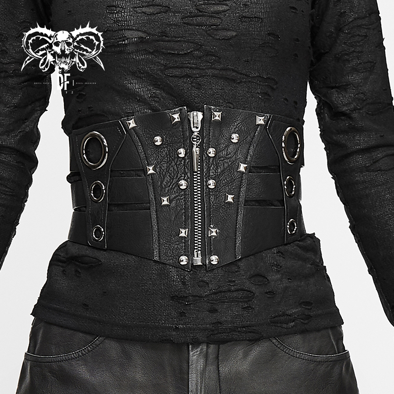 Women's PU Leather Belt Gothic style / Vintage Belts With Zipper on Front and Rivets - HARD'N'HEAVY