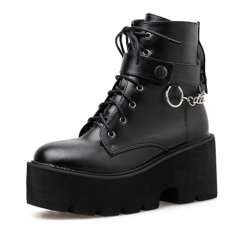 Women's PU Leather Black Autumn Boots / Gothic Style Chain Platform Shoes - HARD'N'HEAVY