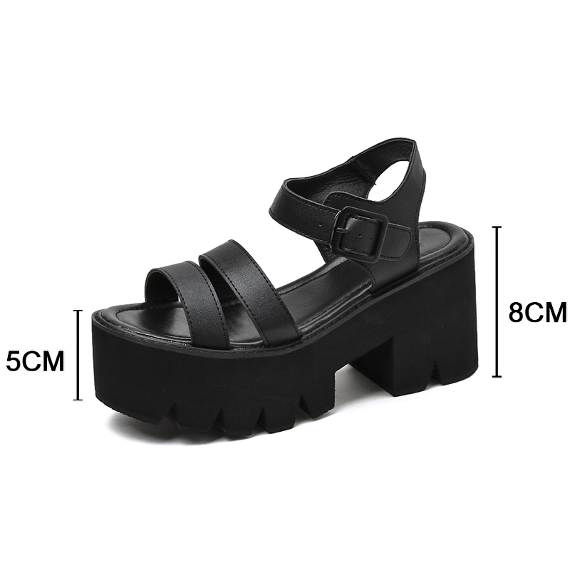 Women's PU Leather Black Platform Sandals With Buckles / Fashion High Heel Casual Shoes - HARD'N'HEAVY