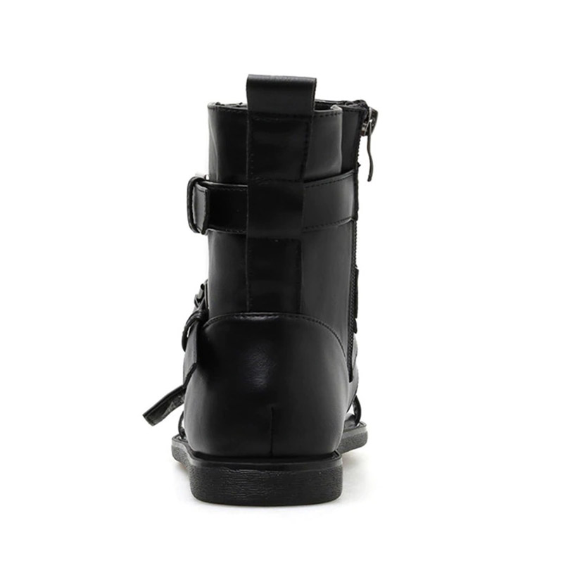 Back view of women's black PU leather gladiator sandals with stylish straps and buckle details.