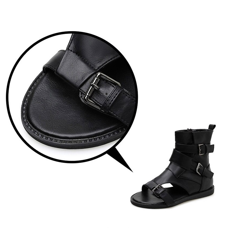 Close-up of women's black PU leather gladiator sandals featuring stylish buckles and open toe design.