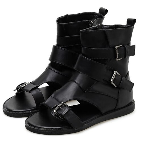 Women's PU leather gladiator sandals with buckle straps in chic black style, perfect for alternative fashion lovers.