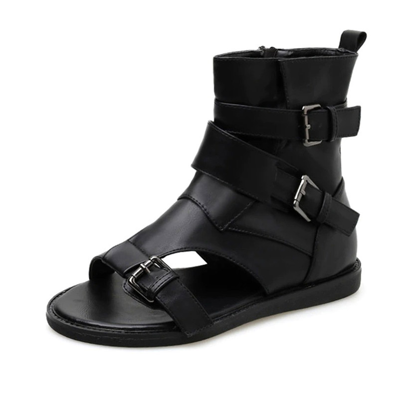 Black PU leather gladiator sandals with buckles, open toe, perfect for alternative fashion outfits.