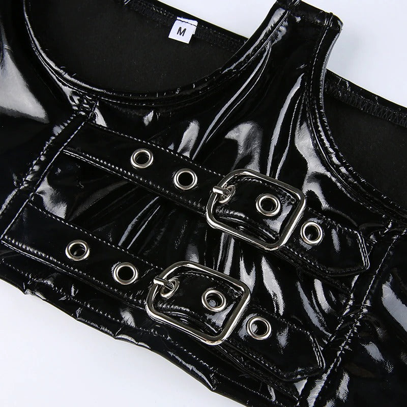 Women's black PU leather gothic tank top with shiny buckles, perfect for a grunge fashion statement.
