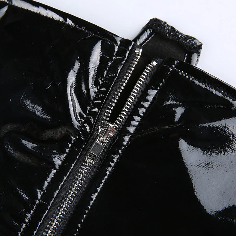 Close-up of shiny black PU leather fabric with zipper, perfect for women's gothic style tank tops.