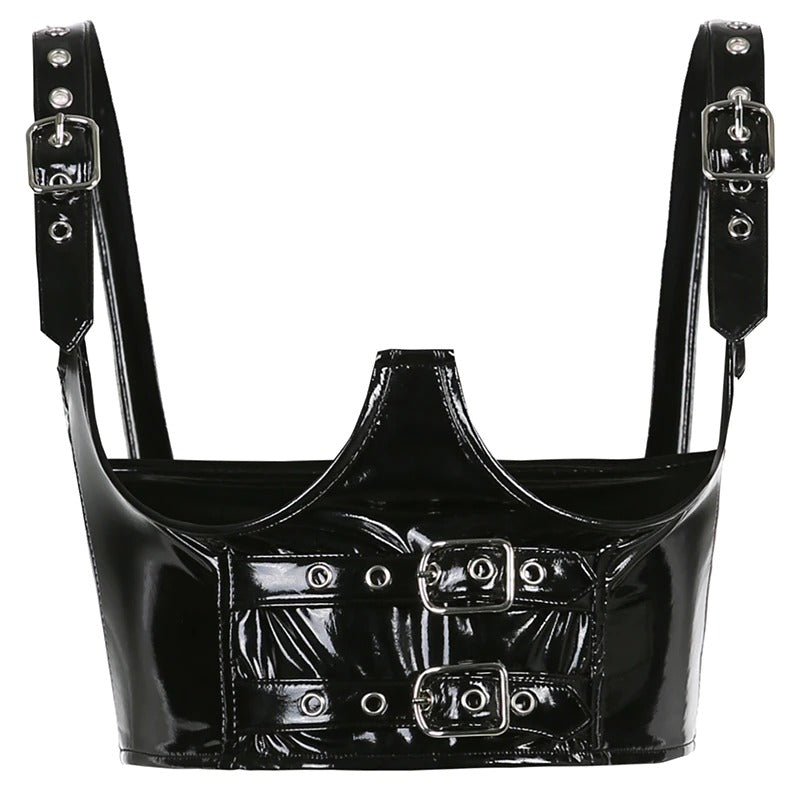 Women's gothic black PU leather tank top with shiny buckles and adjustable straps, perfect for a bold grunge look.