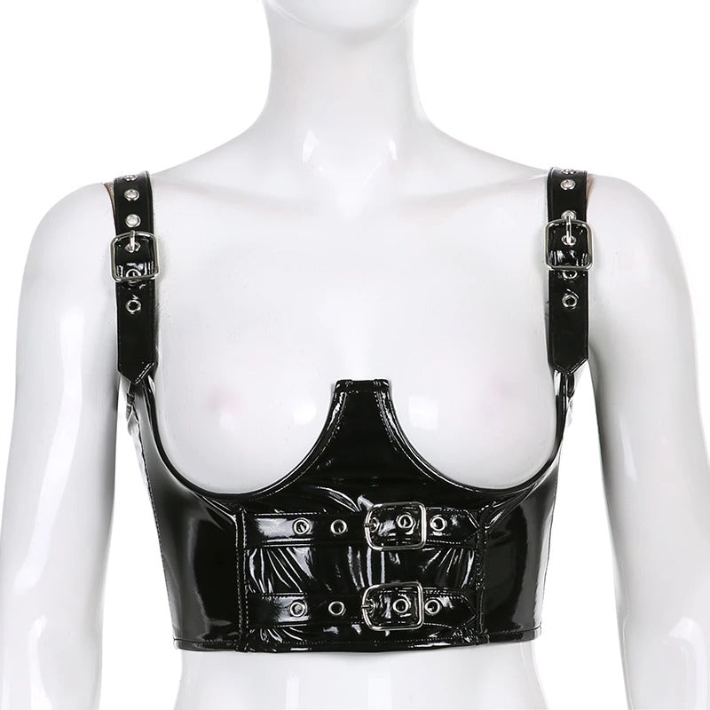 Women's PU leather gothic tank top with shiny buckles, perfect for a bold grunge look.