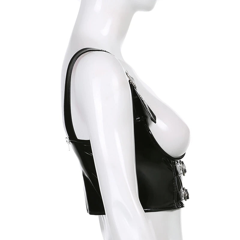 Women's gothic PU leather tank top with shiny buckles, perfect for a bold grunge style. Side view showing sleek design.