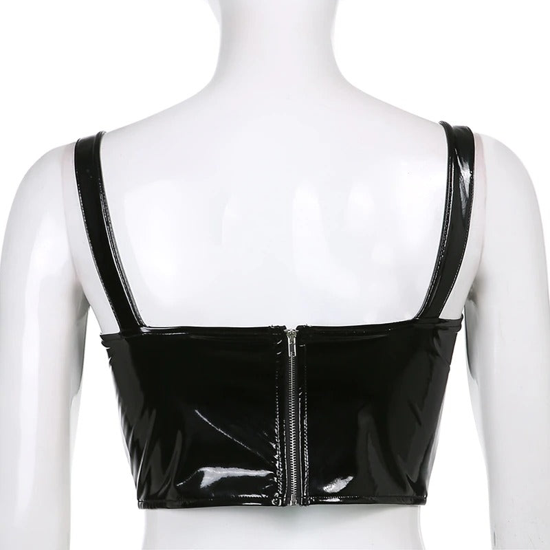 Women's Pu Leather Gothic Tank Tops / Grunge Black Crop Top with Many Decorations - HARD'N'HEAVY