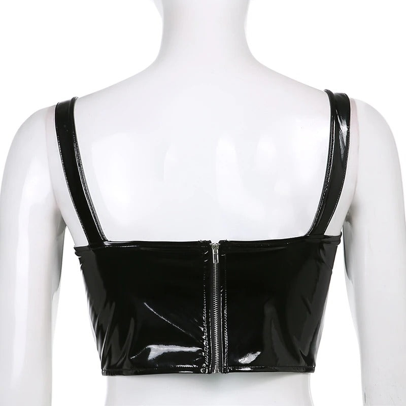 Back view of women's PU leather gothic tank top with shiny straps and zipper detail, perfect for a bold grunge look.