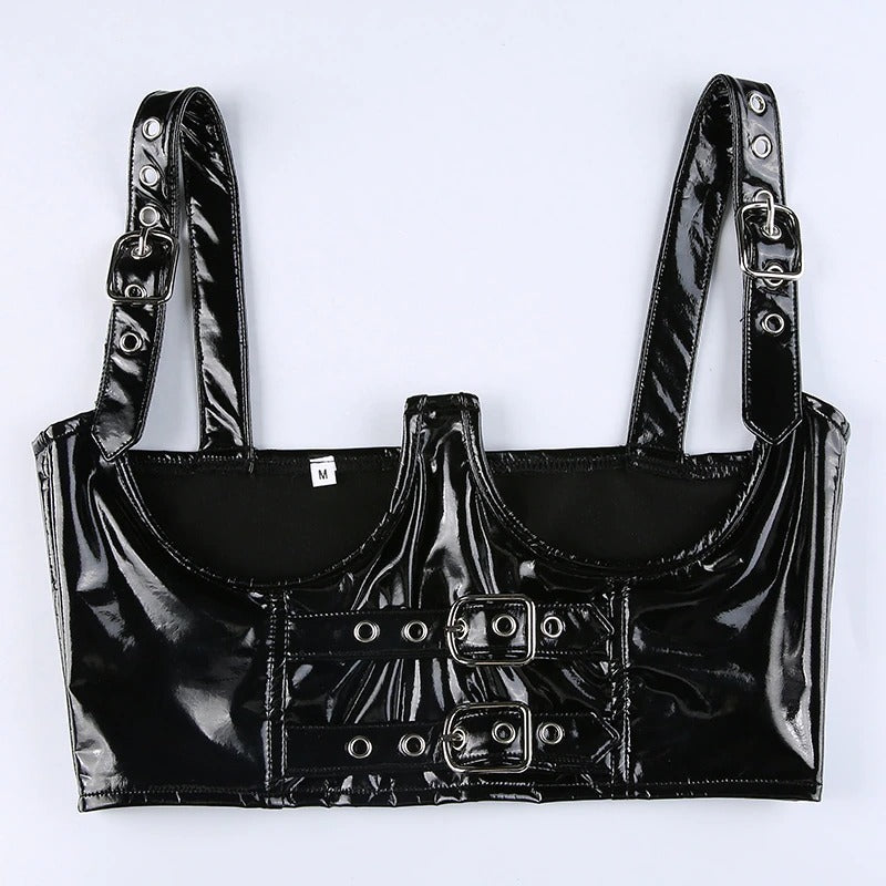 Women's gothic PU leather black crop top with decorative buckles and straps for a bold fashion statement.