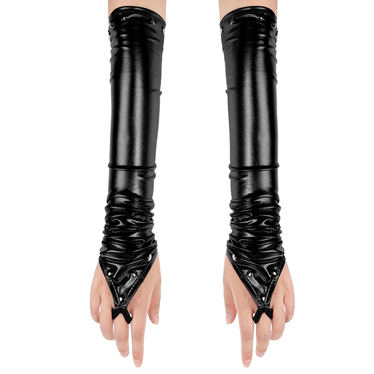 Stylish women's fingerless PU leather long gloves with rivets in black, perfect for gothic punk fashion.