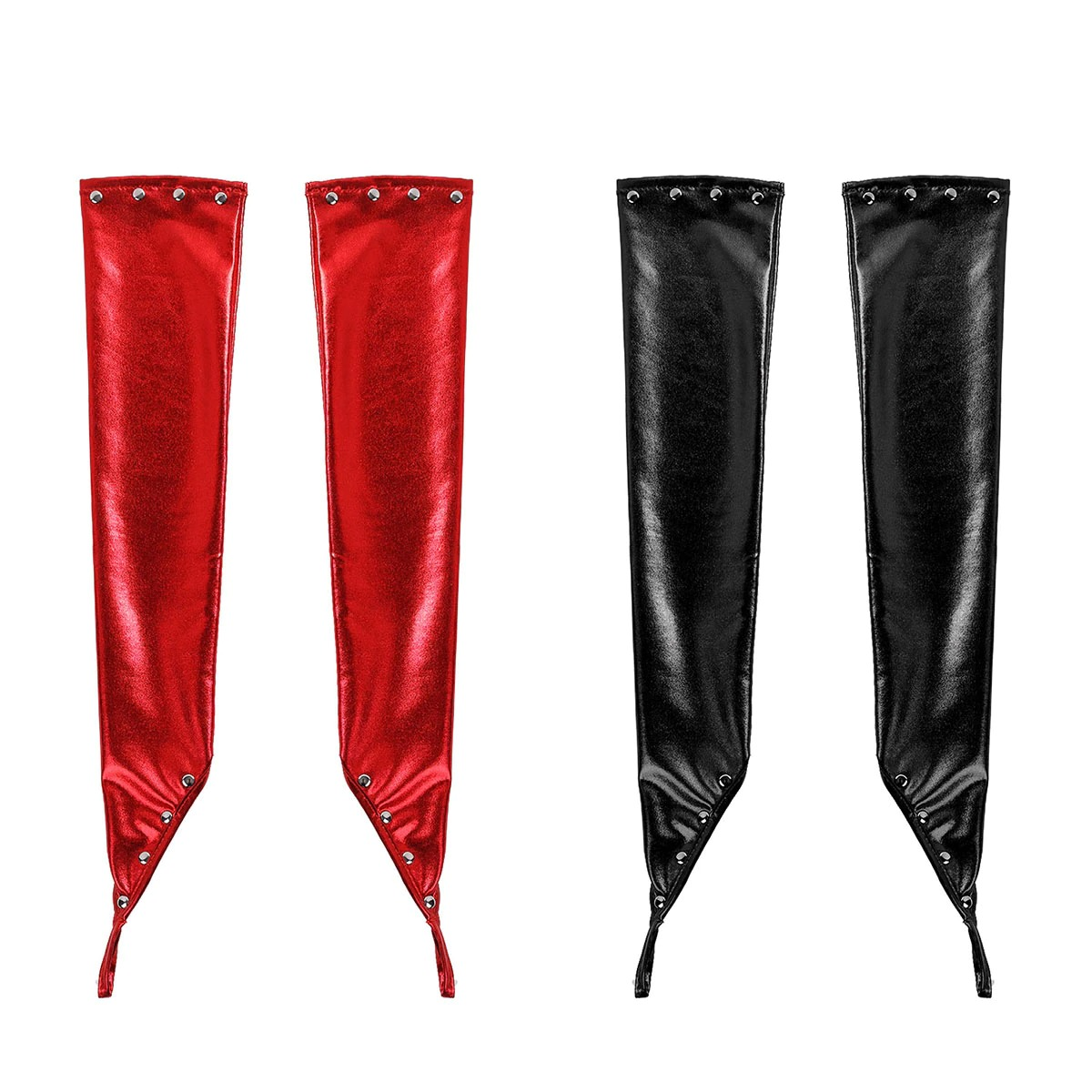 Women's PU leather long gloves in black and red with rivets for a stylish goth punk look.