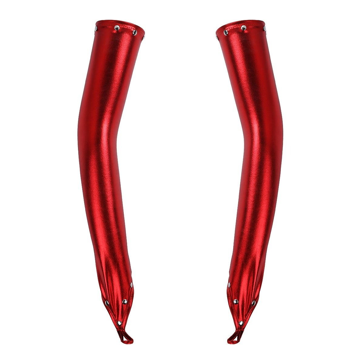 Red PU leather long goth gloves with rivets, stylish accessory for a punk outfit.