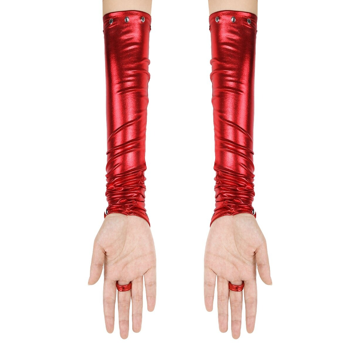 Red long PU leather gloves with rivets, perfect for gothic punk fashion, showcasing a stylish and edgy look.