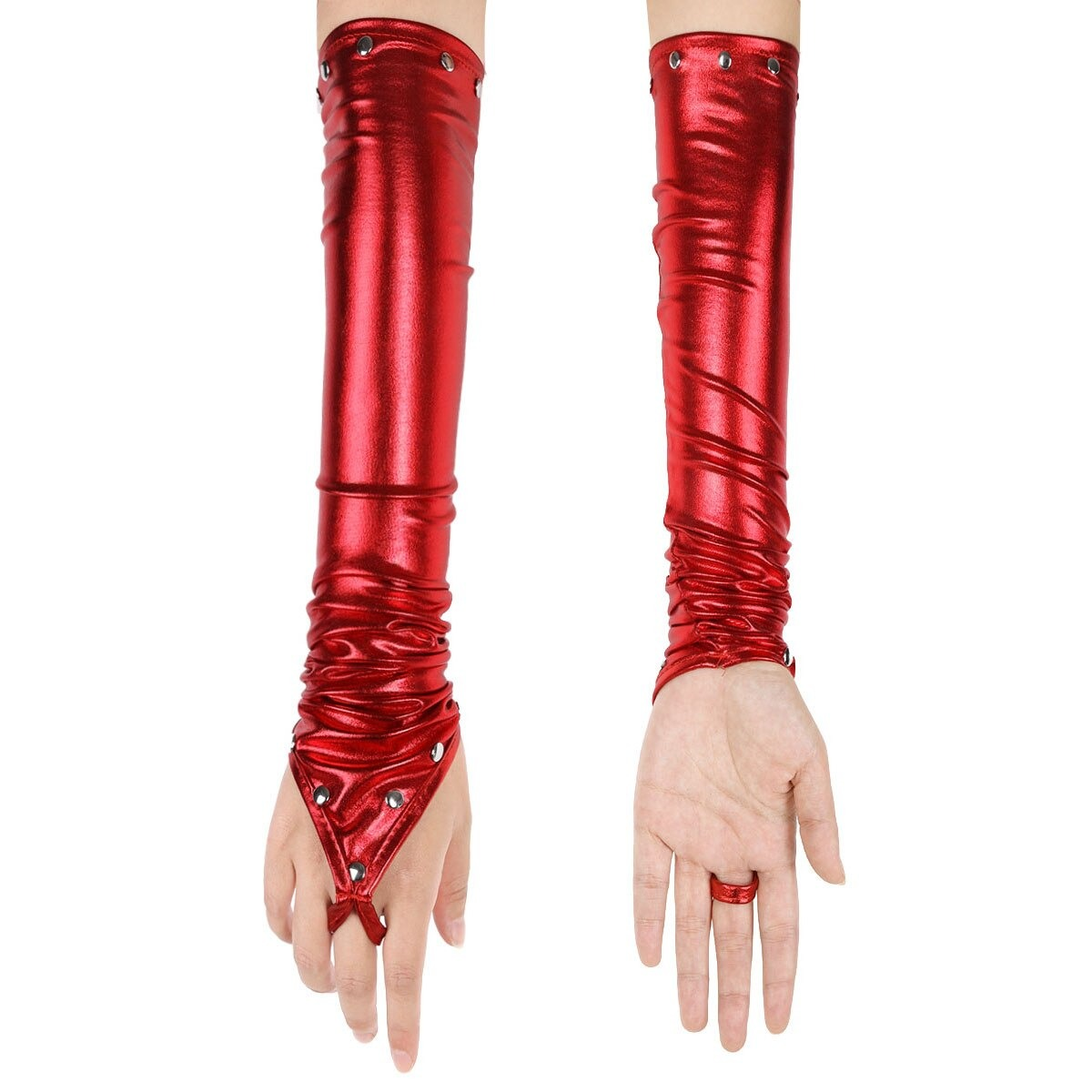 Stylish women's red PU leather long gloves with rivets, perfect for gothic punk outfits.