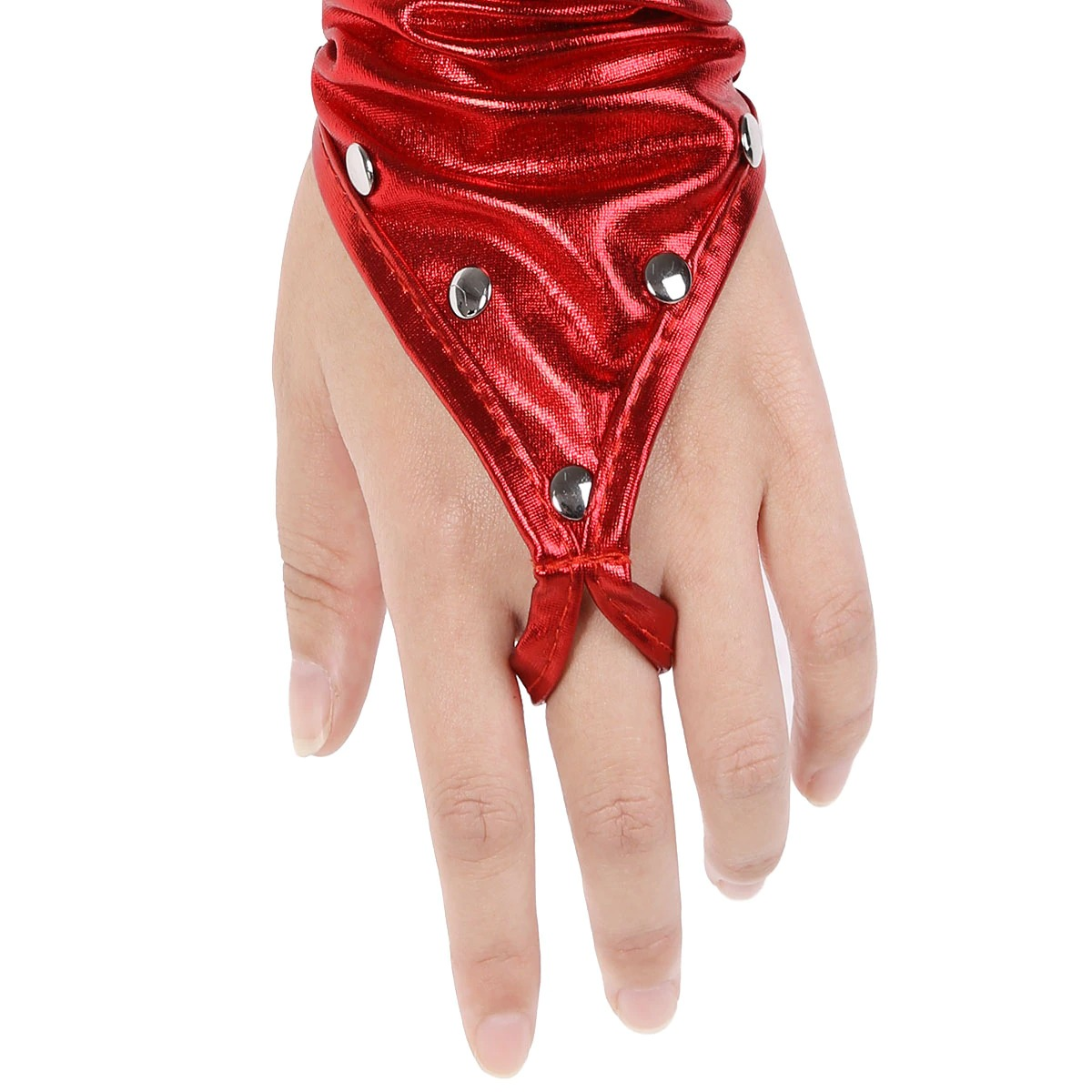 Close-up of a hand wearing stylish red PU leather long glove with rivets, showcasing a gothic punk aesthetic.