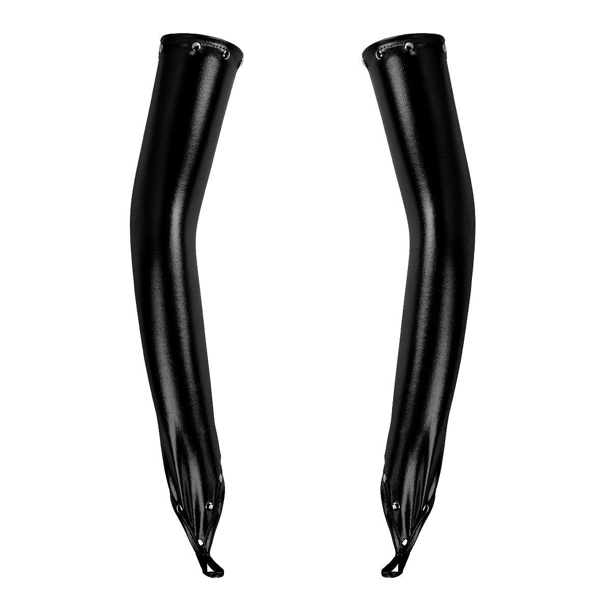 Women's black PU leather long gloves with rivets, perfect for a gothic punk style outfit.