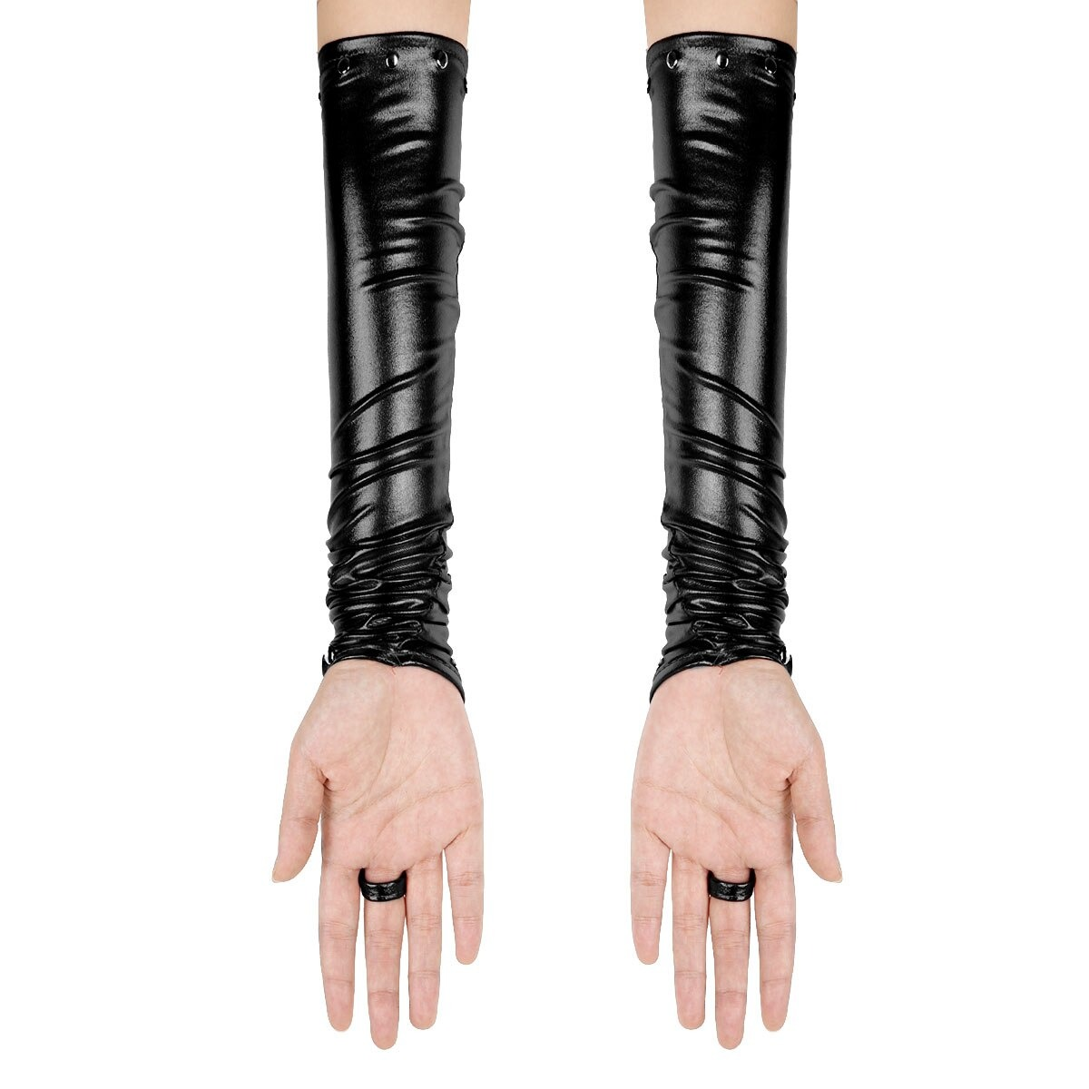 Women's gothic long PU leather gloves with rivets, stylish fingerless design for punk fashion.