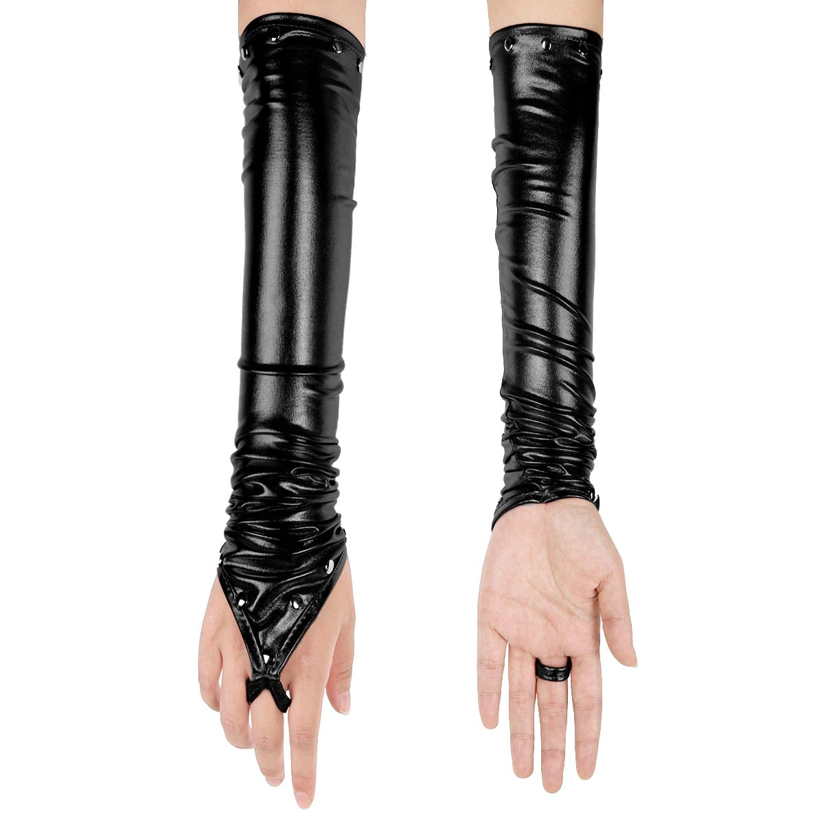 Stylish women's black PU leather long gloves with rivets for gothic punk fashion, fingerless design for a bold look.