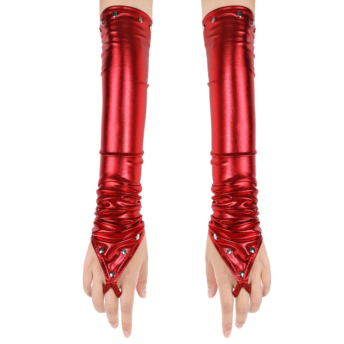 Red PU leather long fingerless gloves with rivets, perfect for gothic and punk fashion styles.
