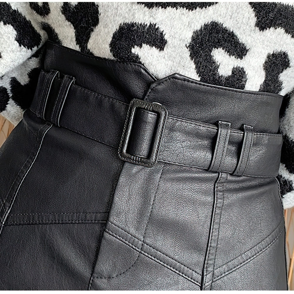 Women's PU Leather Slim Belt Skirt in Rock Style / High Waist Black Skinny Short Skirts - HARD'N'HEAVY