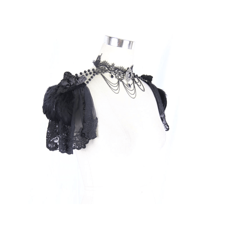 Elegant black shawl collar with lace and beaded accents, perfect for a vintage punk style outfit.