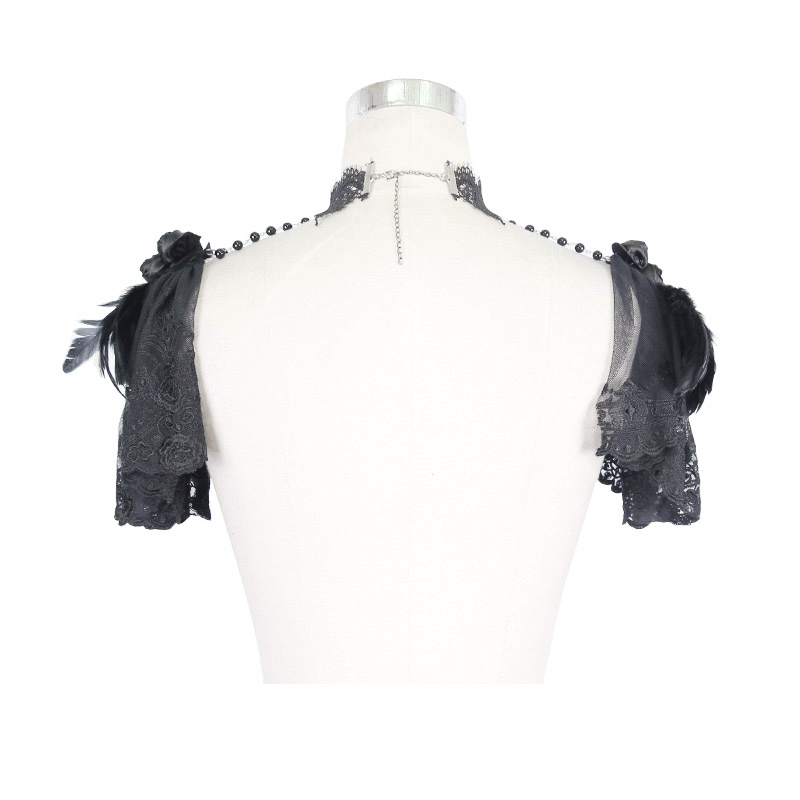 Back view of black shawl sleeve with lace and feathers, perfect for punk and vintage style outfits.