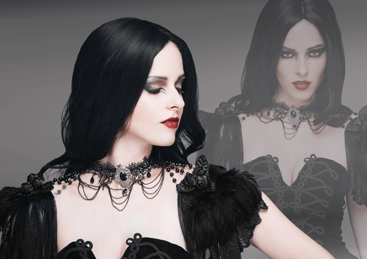 Elegant woman wearing a punk-style beaded necklace with shawl sleeves, showcasing a gothic aesthetic.