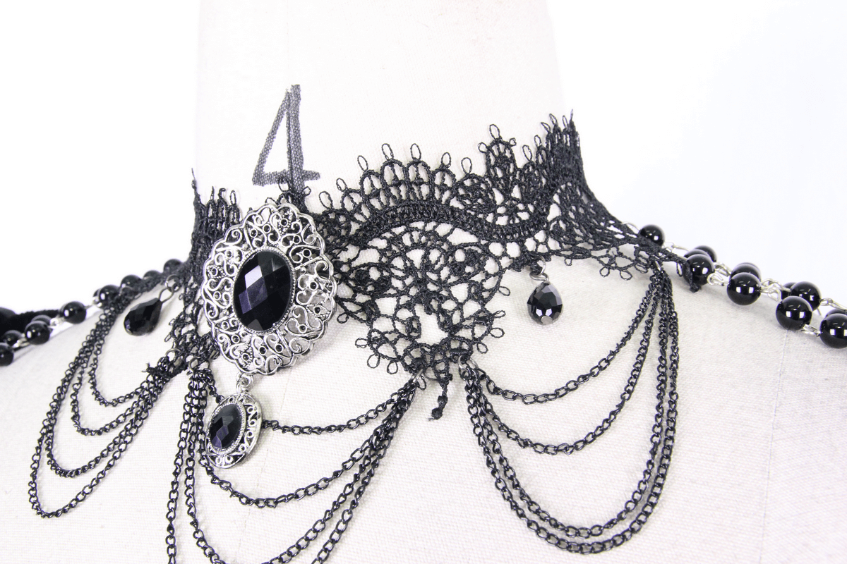Stunning women's punk style beaded necklace featuring black beads and lace design, perfect for vintage outfits.