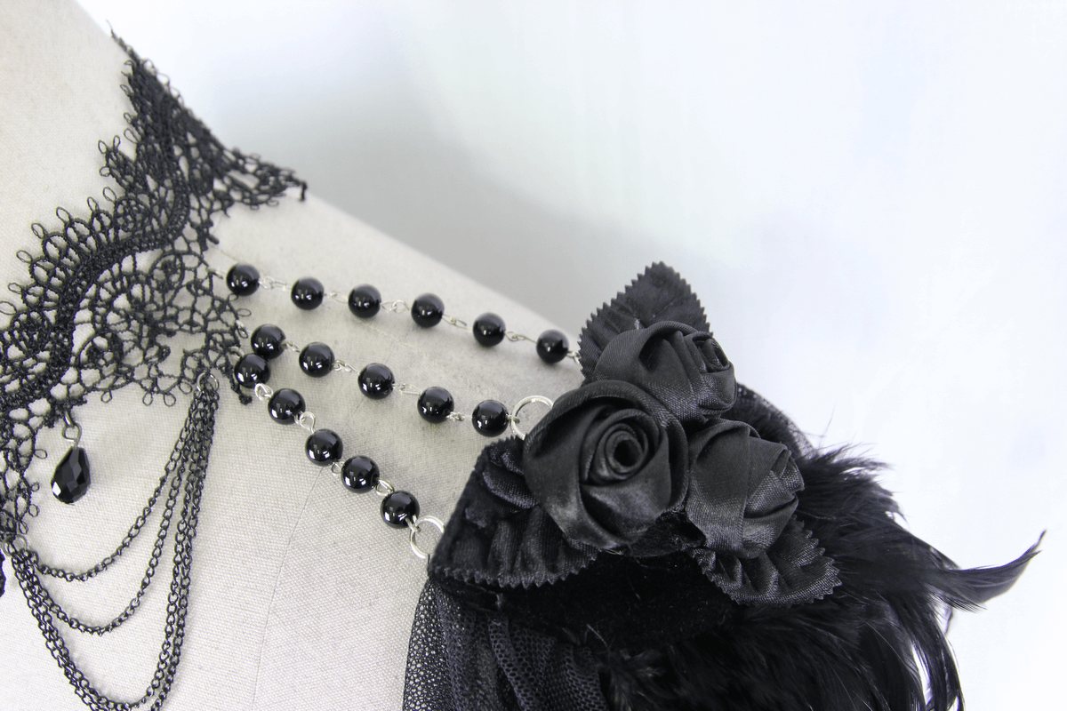 Elegant women's punk necklace with black beads, lace, and floral accents, perfect for vintage fashion lovers.