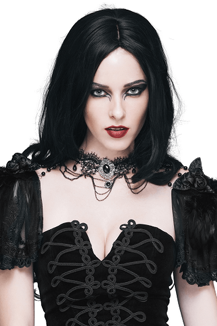 Stylish model showcasing a women's punk beaded necklace with shawl sleeves and elegant pendant details.