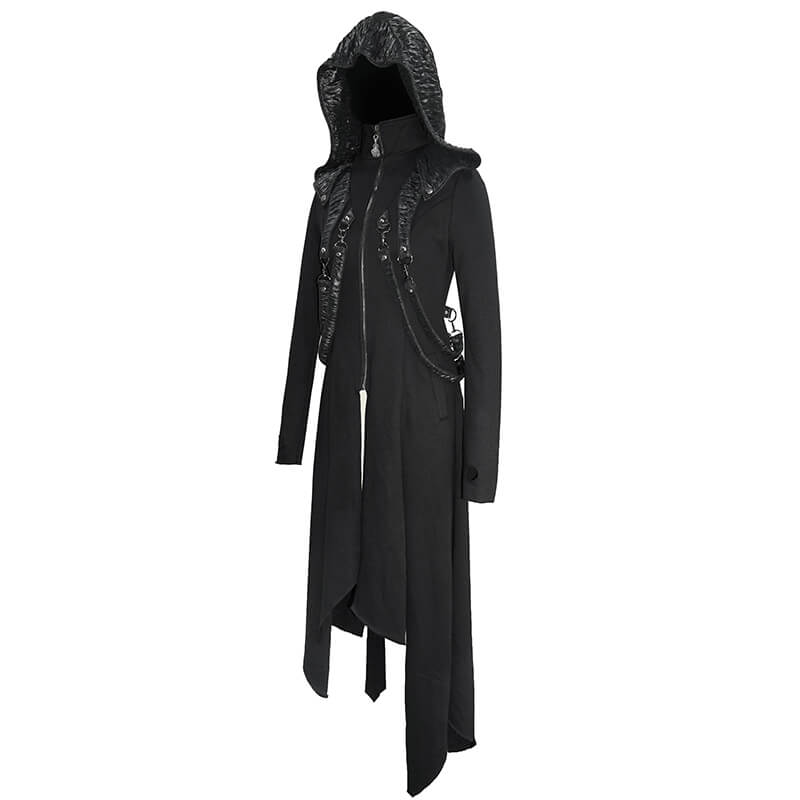 Women's black punk hooded long coat with asymmetrical cut and Gothic style.