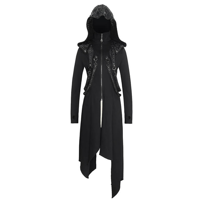 Women's Punk Hooded Waist Long Coat / Original Black Asymmetry Performance Coat - HARD'N'HEAVY