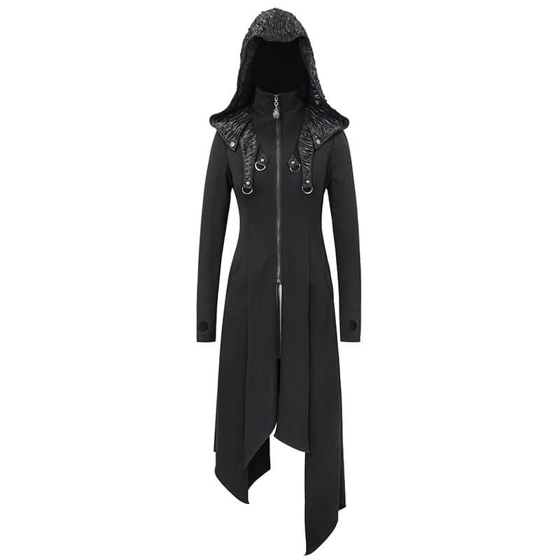 Women's black punk hooded long coat with asymmetrical hem and unique zippered design.