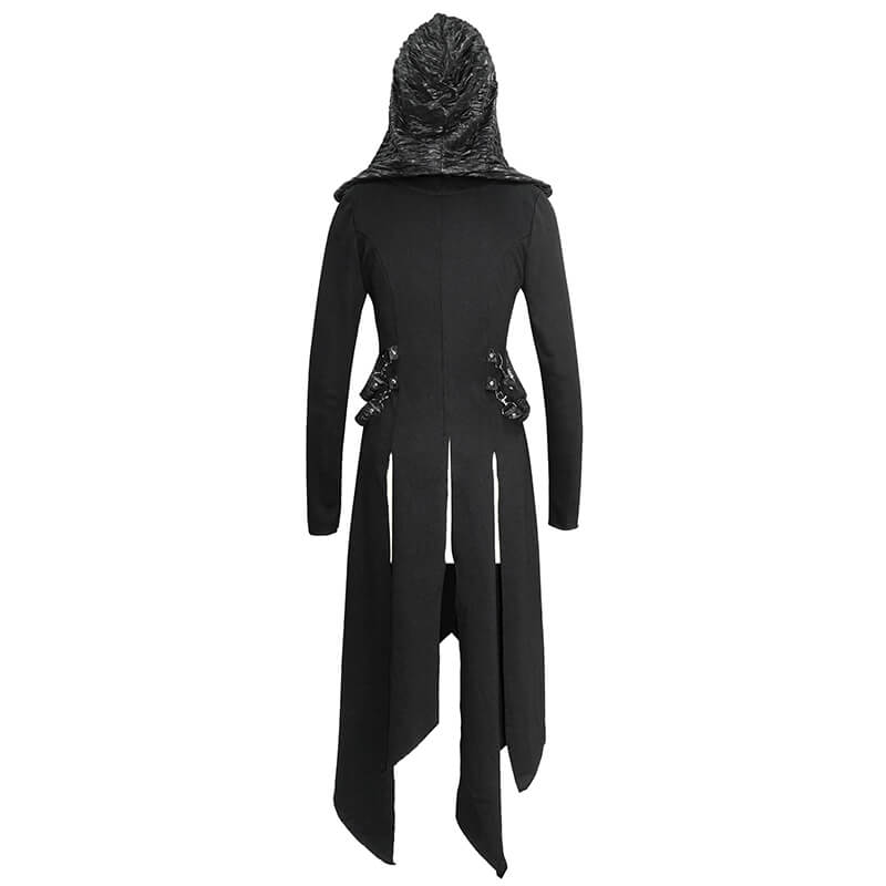 Women's long black punk coat with hood and asymmetrical cut, perfect for stylish gothic outfits.