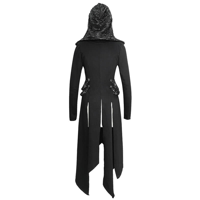 Women's Punk Hooded Waist Long Coat / Original Black Asymmetry Performance Coat - HARD'N'HEAVY