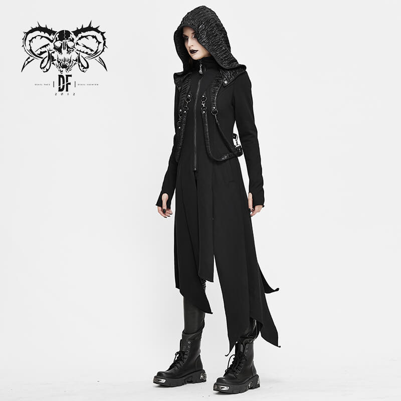 Women's black asymmetrical hooded coat in gothic style, featuring creative inserts and a long fit, perfect for punk fashion.