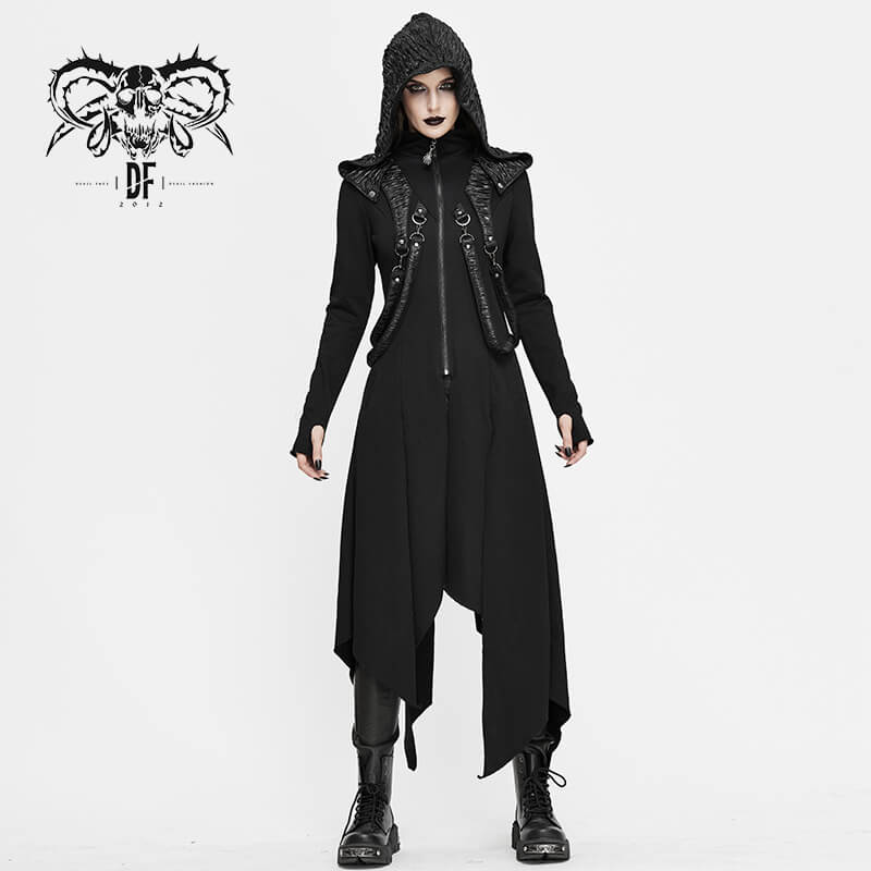 Women's long black punk coat with hood and asymmetrical cut, perfect for gothic outfits.