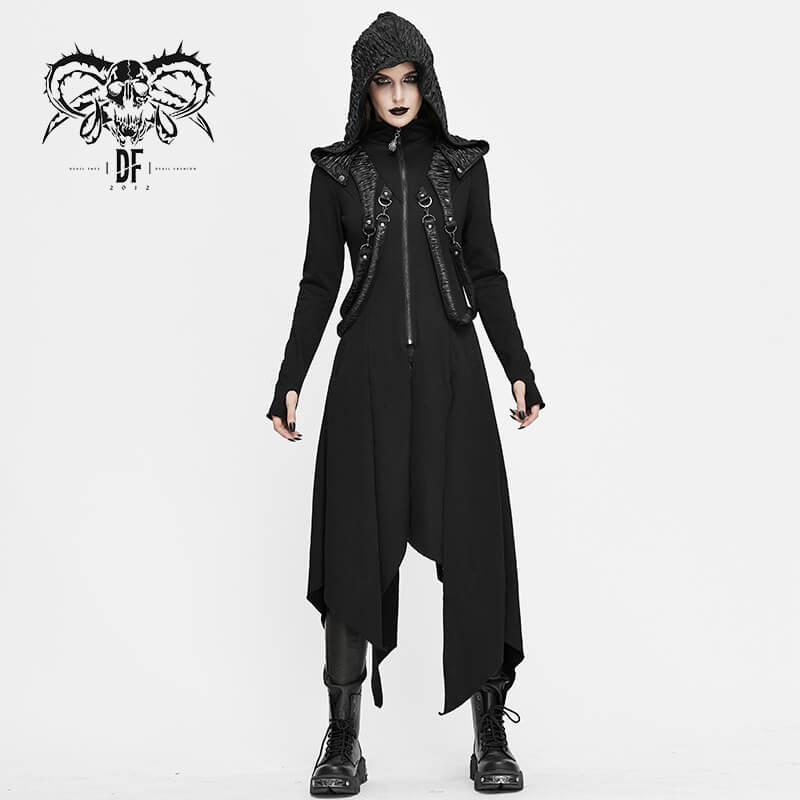 Women's Punk Hooded Waist Long Coat / Original Black Asymmetry Performance Coat - HARD'N'HEAVY