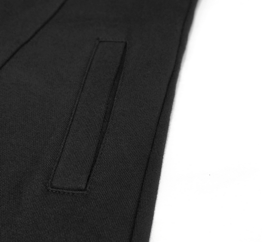 Close-up of the pocket detail on a women's long black gothic coat, highlighting its stylish design.