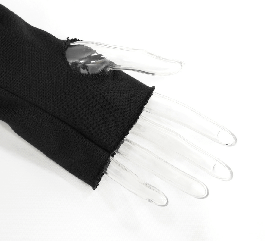 Close-up of a black coat sleeve with a unique asymmetrical cut, showcasing stylish design details.