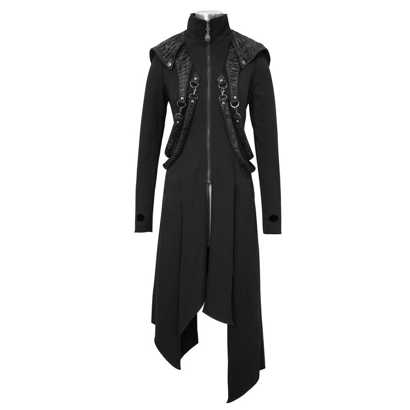 Women's black hooded long coat with asymmetrical cut and unique design details, perfect for gothic fashion.