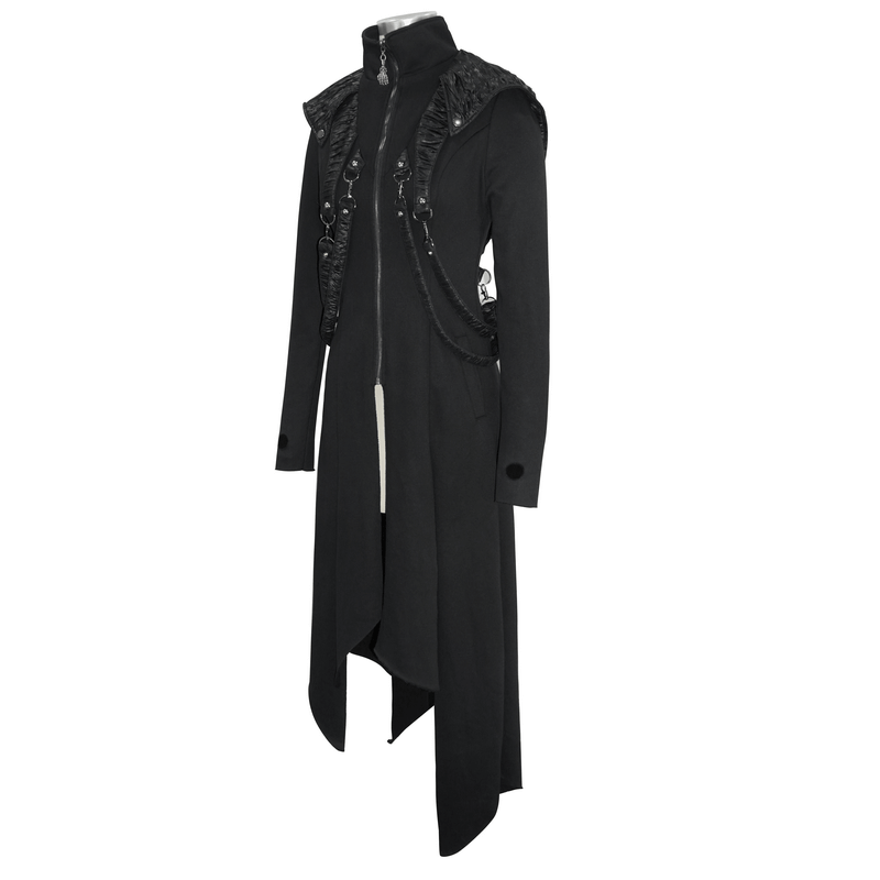 Women's black punk coat with hood and asymmetrical cut, featuring unique straps for a gothic retro style.