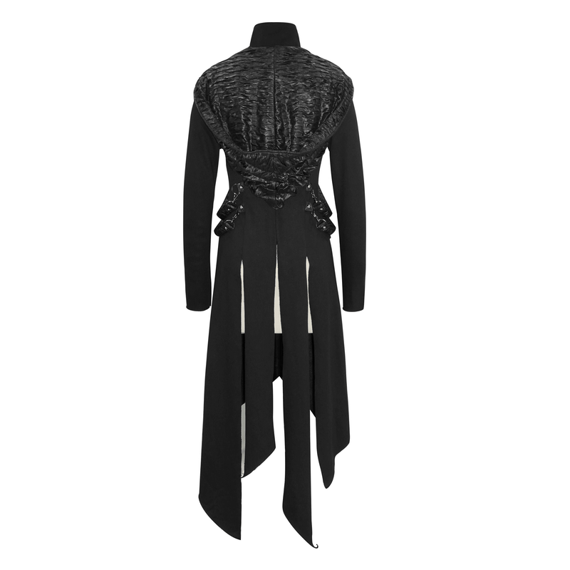 Back view of women's punk hooded long black coat with asymmetrical design and creative inserts.