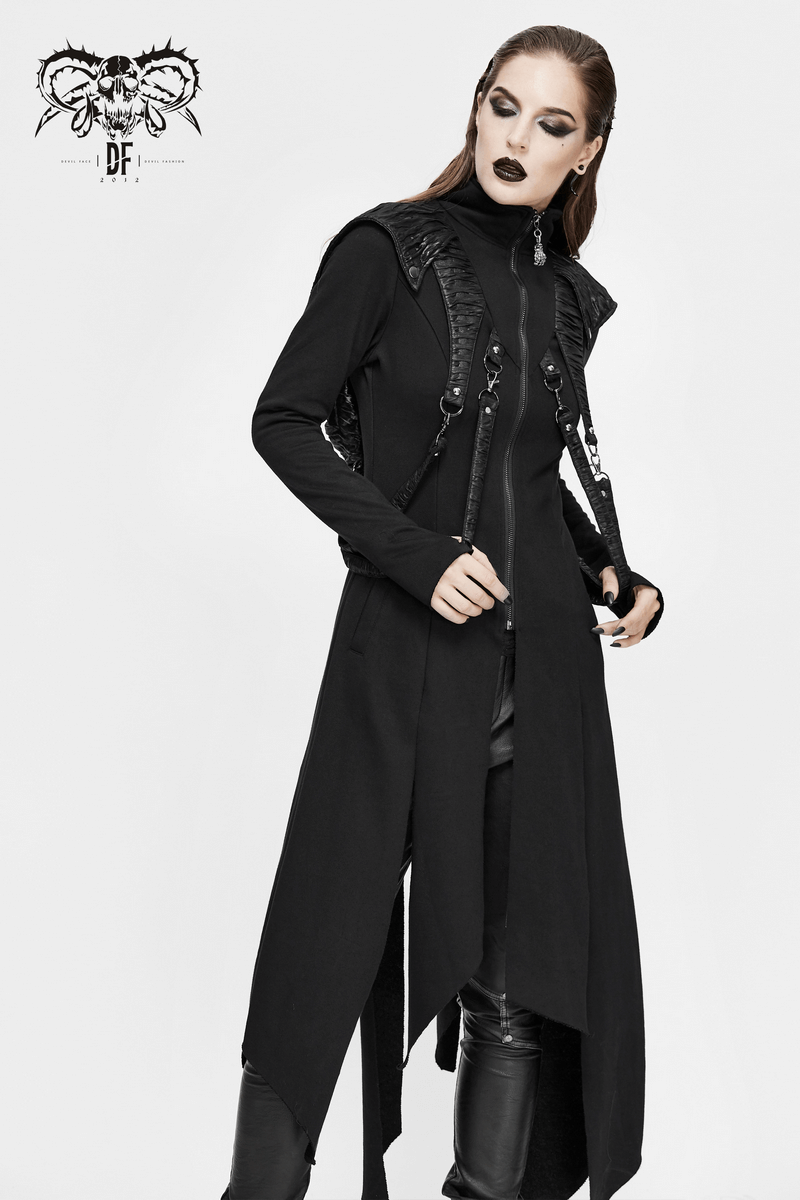 Women's long black punk coat with asymmetrical cut, hood, and stylish inserts for a gothic chic look.