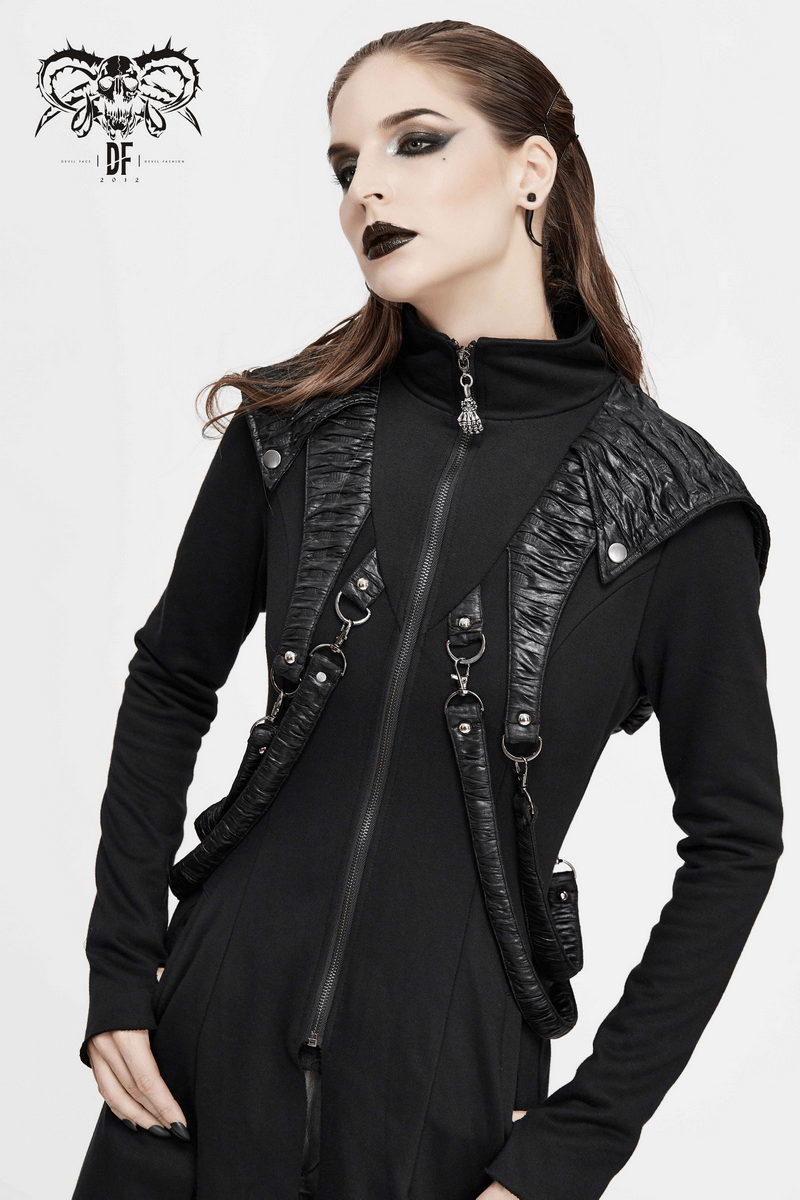 Stylish model in gothic black coat with asymmetrical design and unique harness details, perfect for punk fashion.