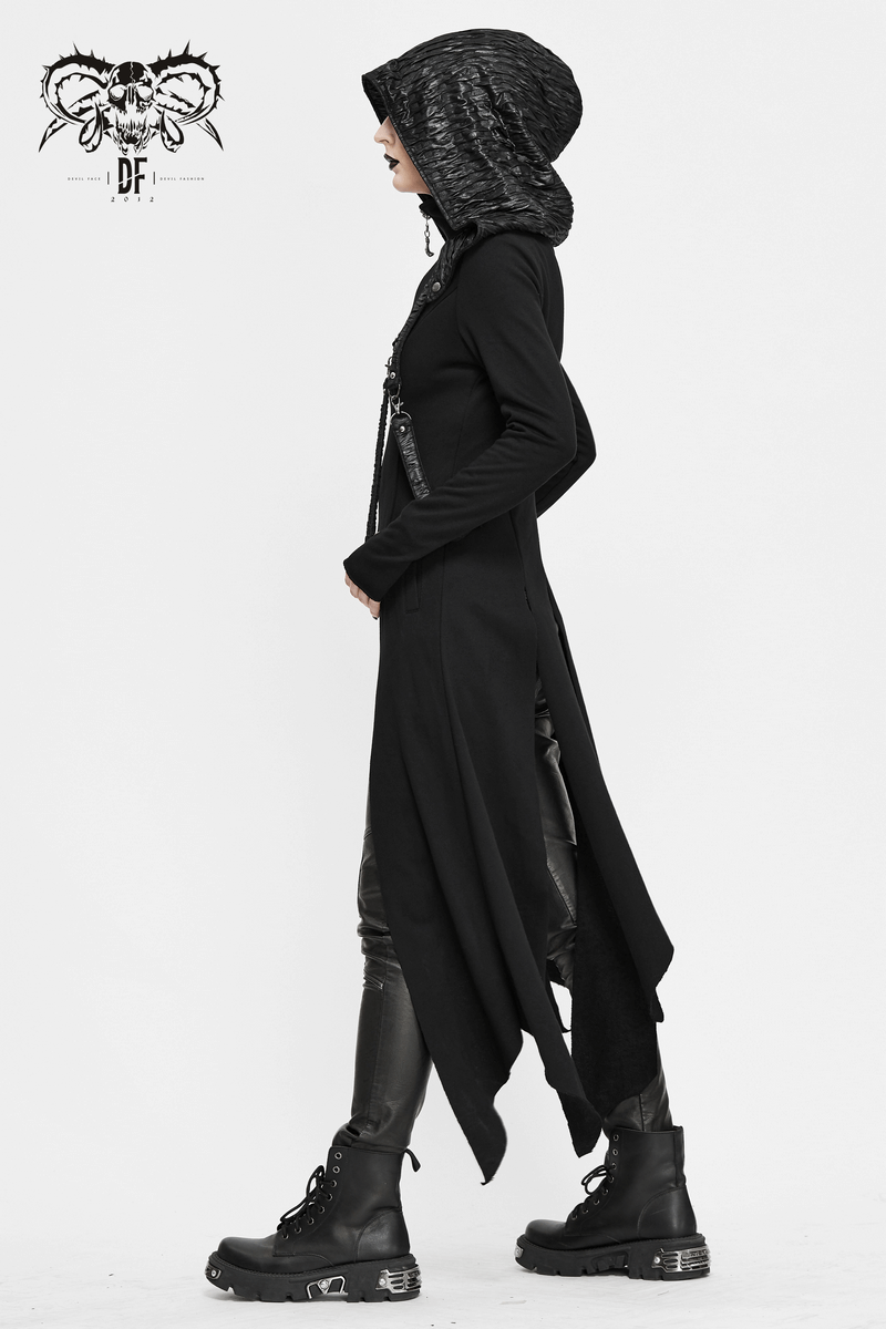 Asymmetrical black gothic coat with hood, stylish long design, perfect for chic punk outfits.