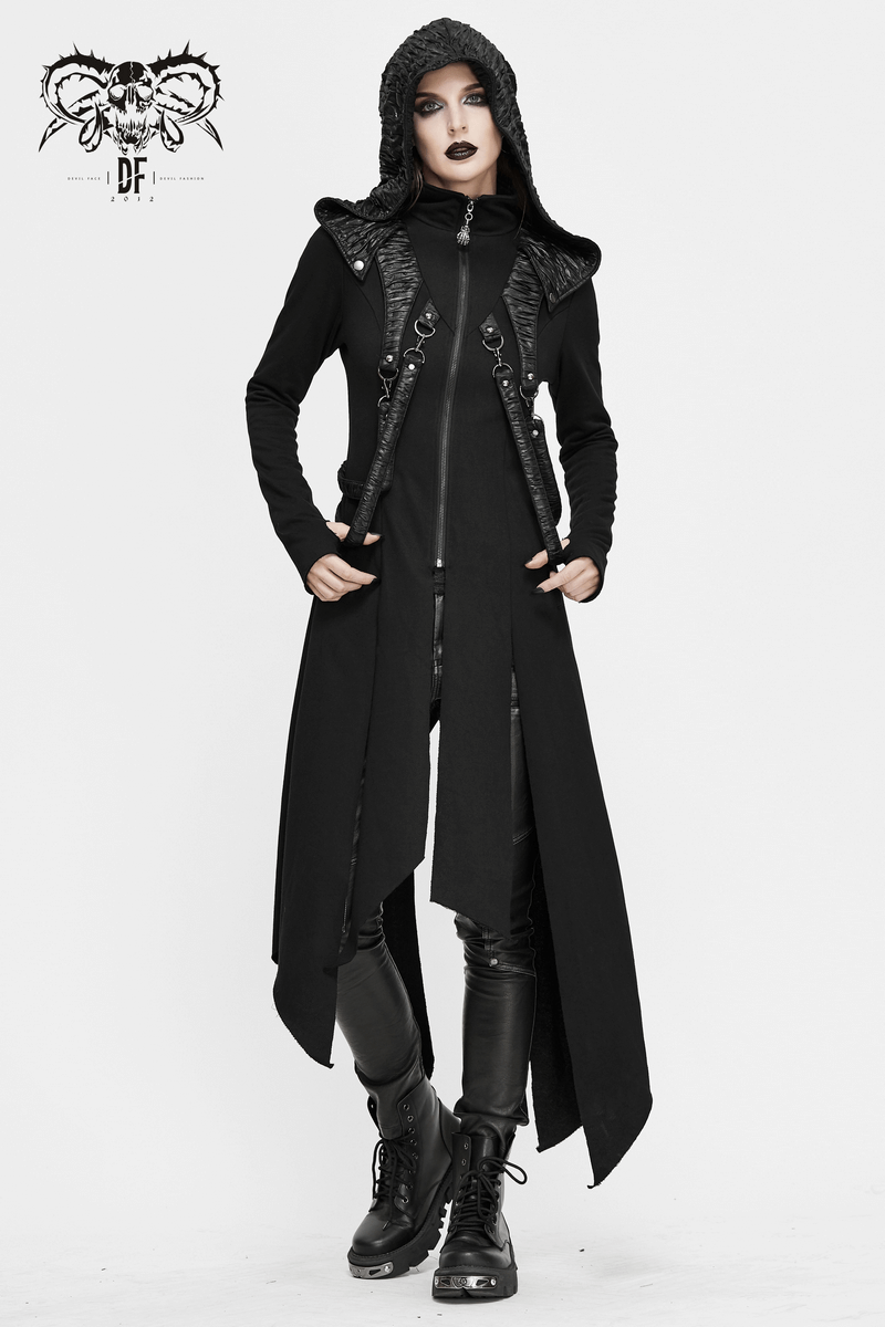 Stylish women's long black punk coat with hood and asymmetrical cut, perfect for gothic outfits.