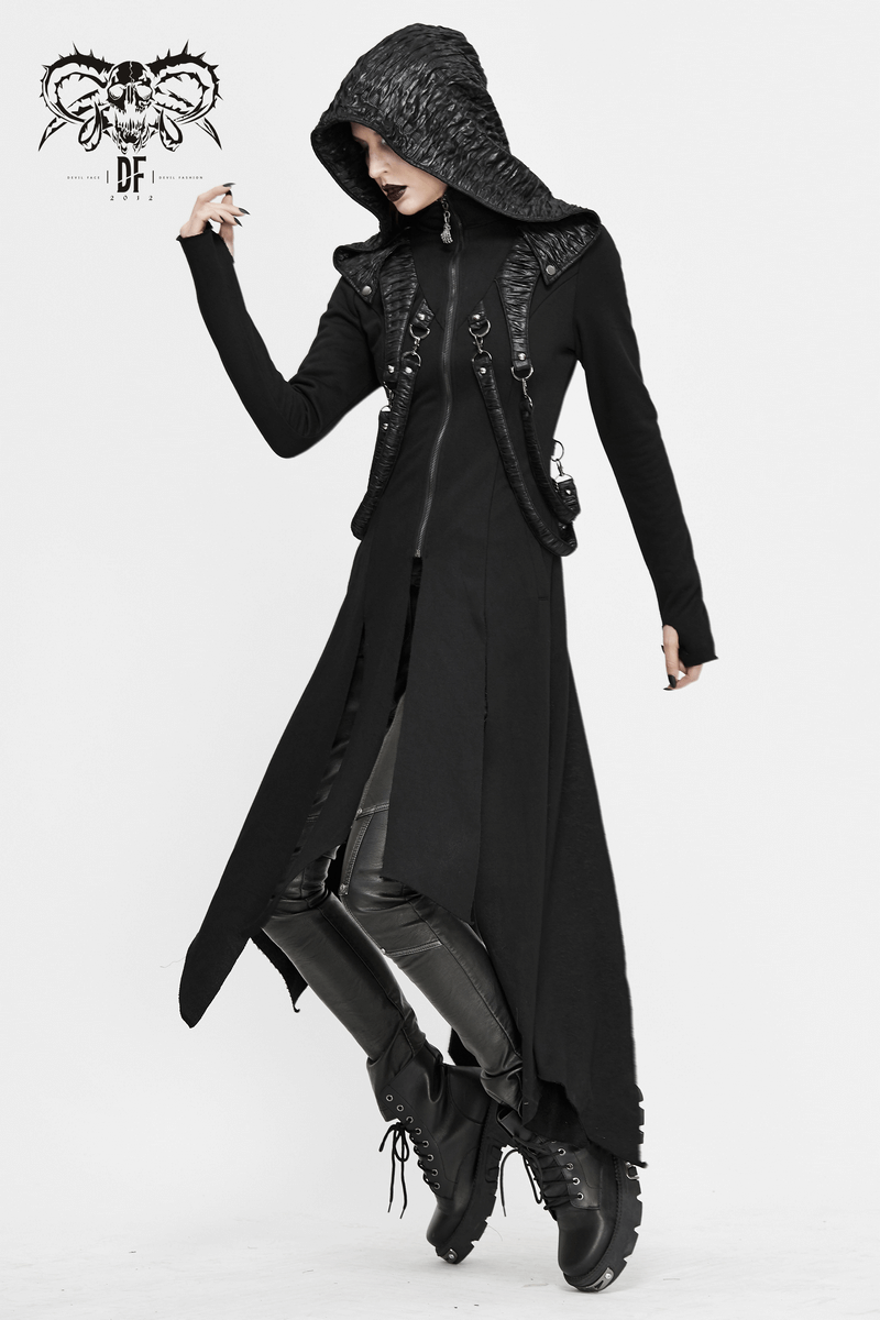 Women in a stylish black hooded long coat with asymmetrical cut, showcasing gothic fashion and edgy design.